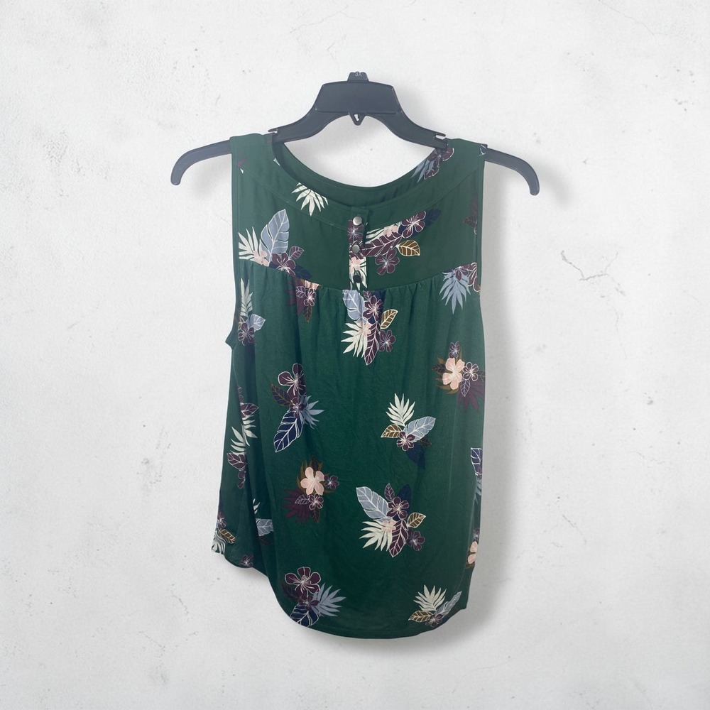 LOFT Green Tropical Floral Sleeveless Henley Blouse Large Mixed Media Top